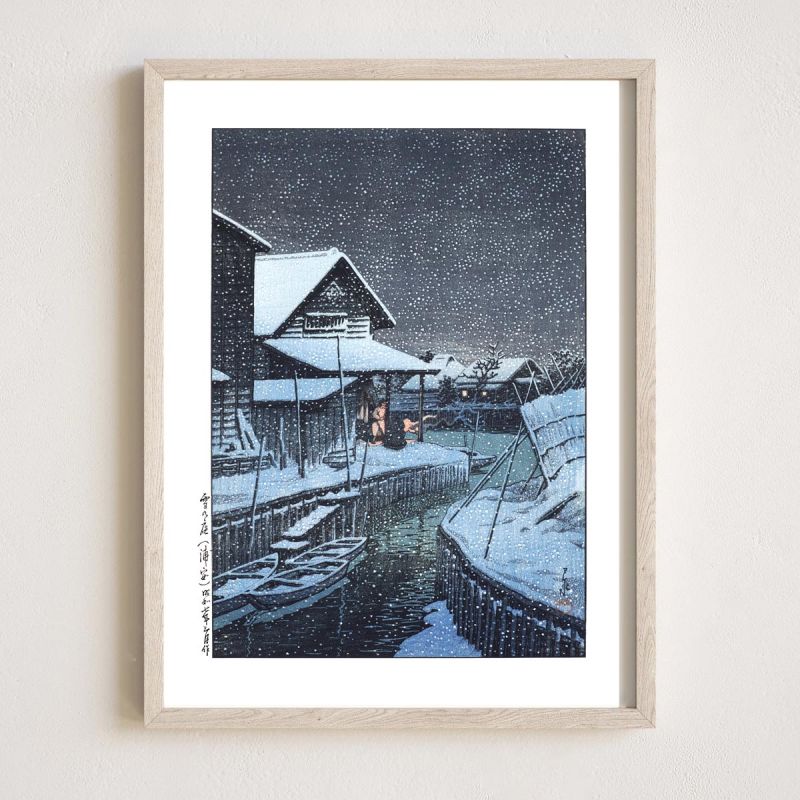 reproduccion impresa de Kawase Hasui, Noche nevada en Urayasu, Yuki no yoru, Urayasu