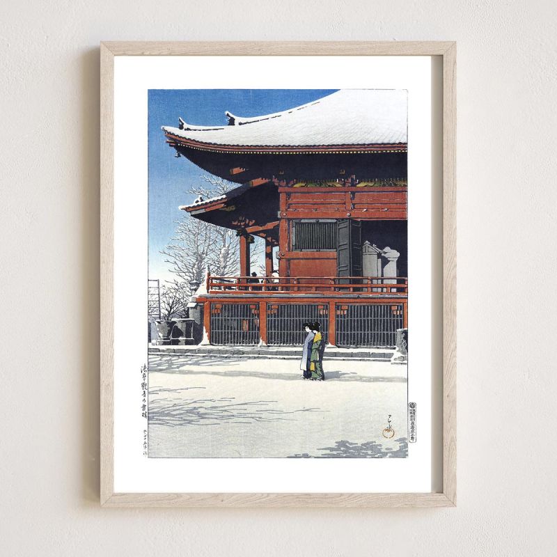 riproduzione a stampa di Kawase Hasui, Cielo sereno dopo la neve, Asakusa Kannon no yukibare