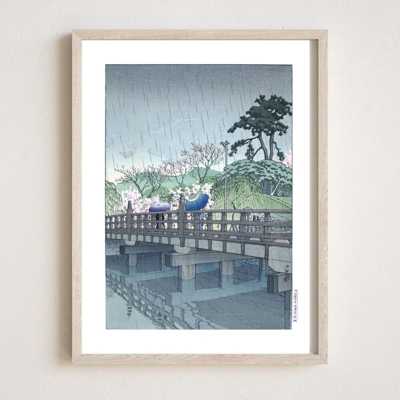 Reproduction d'estampe de Kawase Hasui, Pluie de printemps au pont Benkei, Benkei bashi no harusame