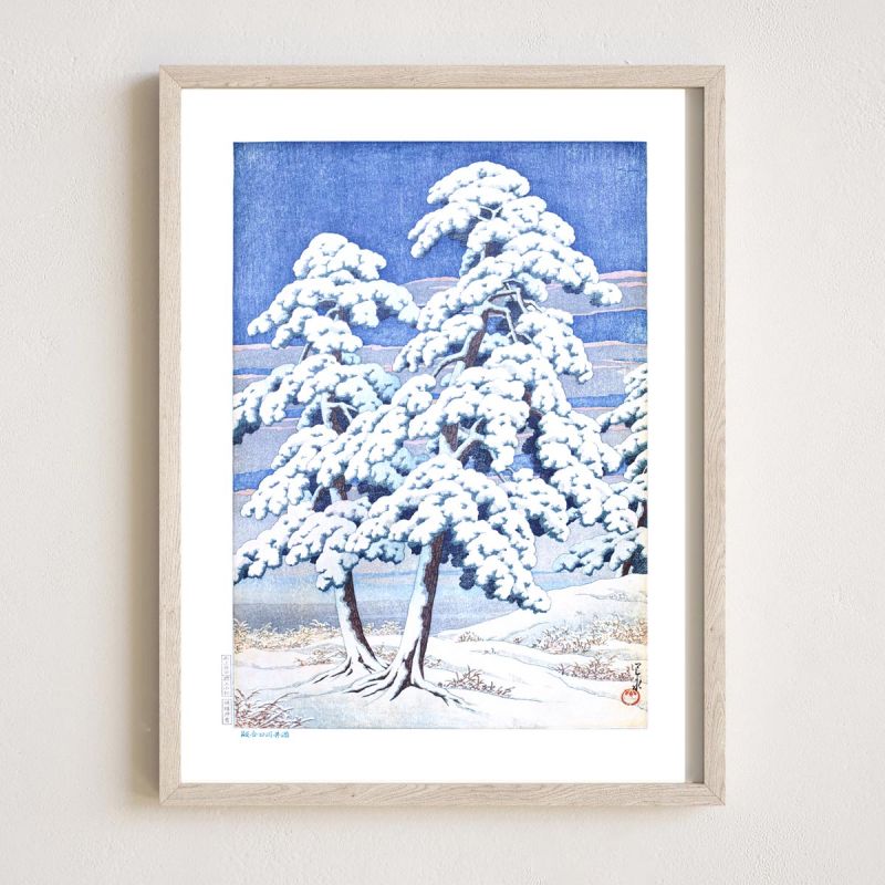 print reproduction of Kawase Hasui, Pine trees on a clear day after the snow, Matsu no yukibare