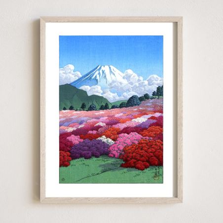 Druckreproduktion von Kawase Hasui, Blick auf den Berg Fuji aus einem Azaleengarten