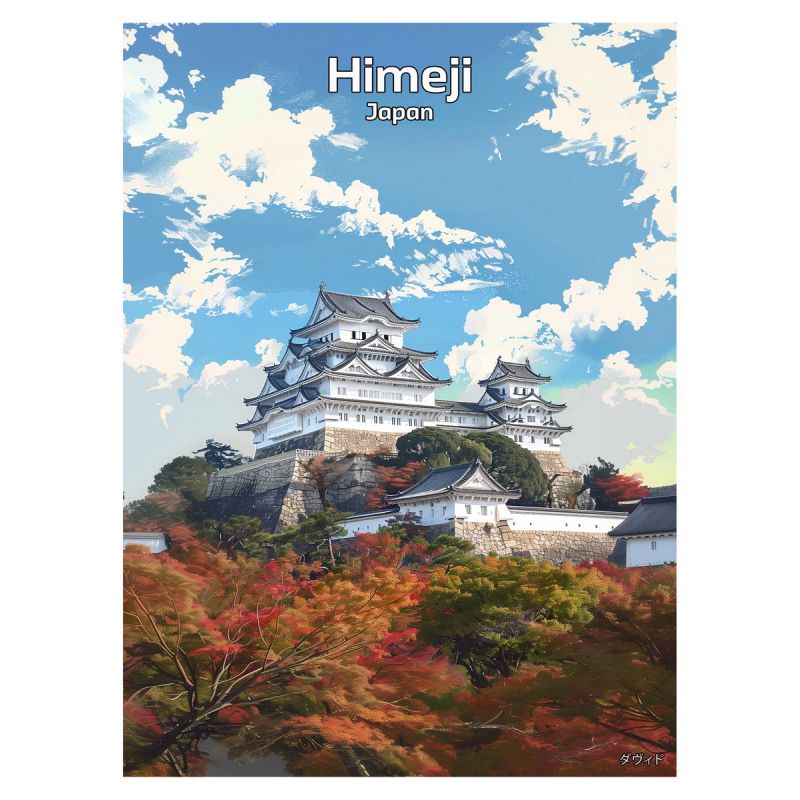 Japanese illustration of the White Heron Castle in Himeji, by ダヴィッド