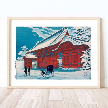 Japanese woodblock print reproduction, Hongo Red Gate under the snow by Hiroaki Takahashi